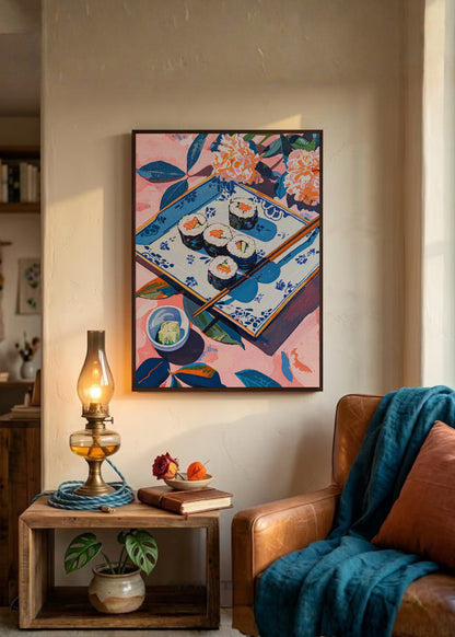 Cuadro Decorativo Trendy, Sushi Bandeja Azul Flores
