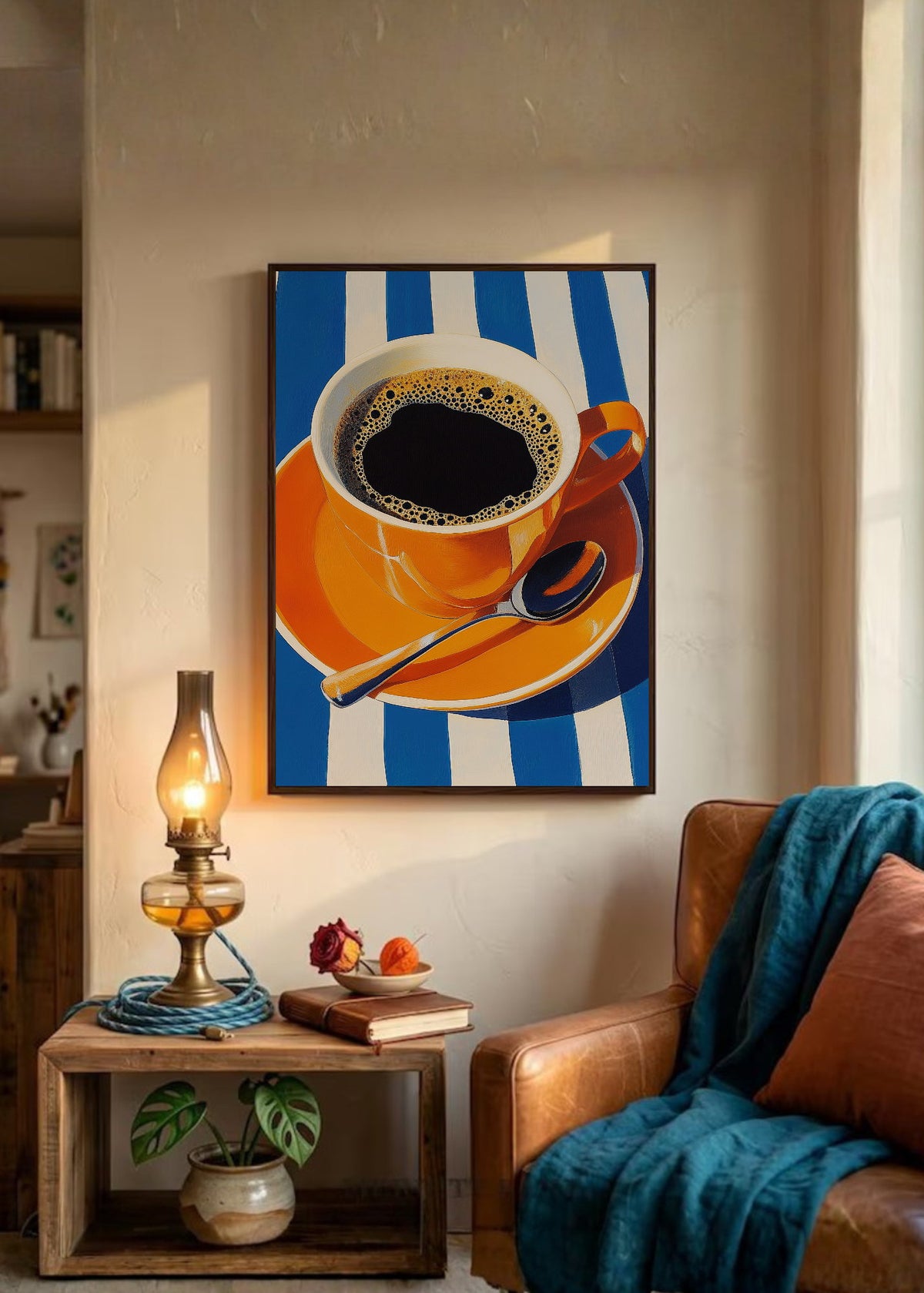 Cuadro Decorativo Trendy, Taza Café Naranja Rayas Azul
