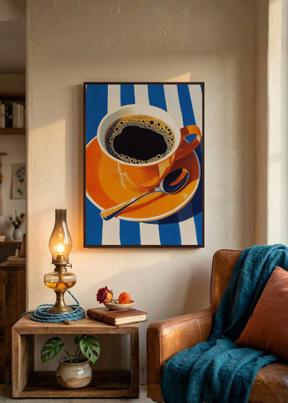 Cuadro Decorativo Trendy, Taza Café Naranja Rayas Azul