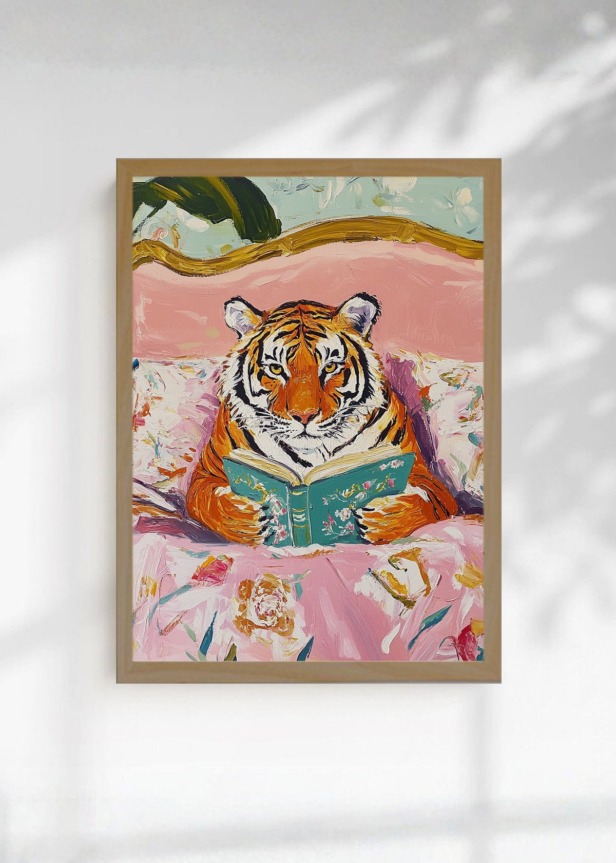 Cuadro Decorativo Trendy, Tigre Leyendo Cama Floral