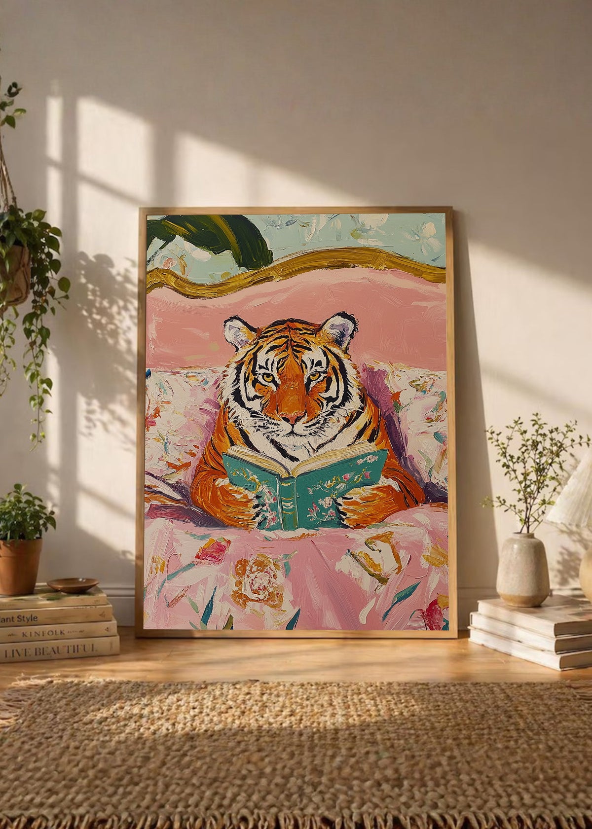 Cuadro Decorativo Trendy, Tigre Leyendo Cama Floral