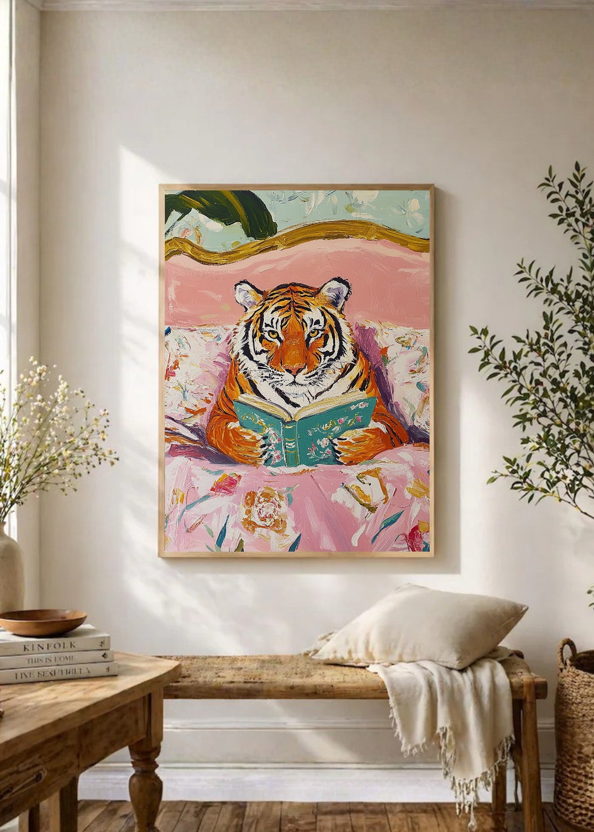 Cuadro Decorativo Trendy, Tigre Leyendo Cama Floral