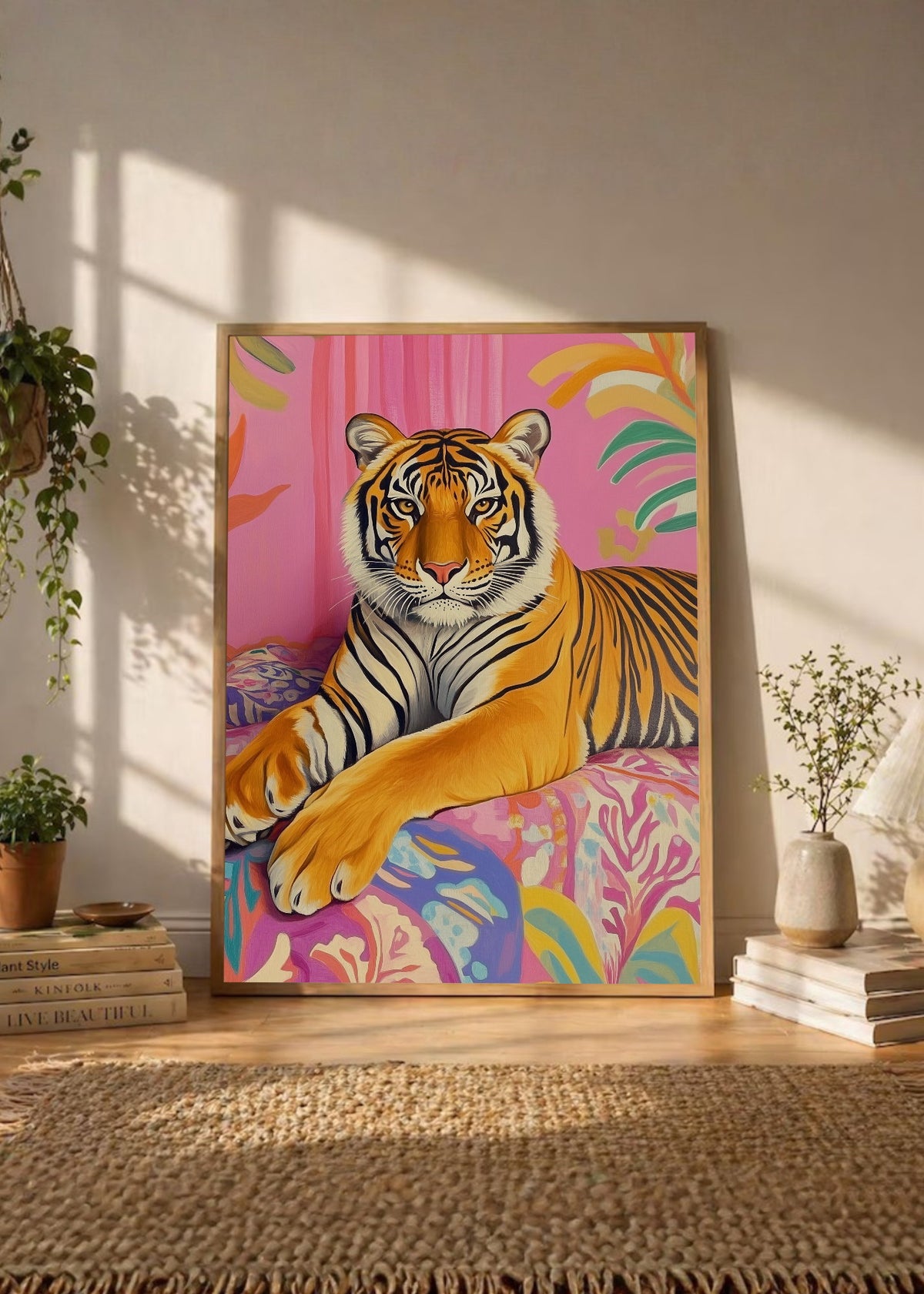 Cuadro Decorativo Trendy, Tigre Rosa Hojas Tropical