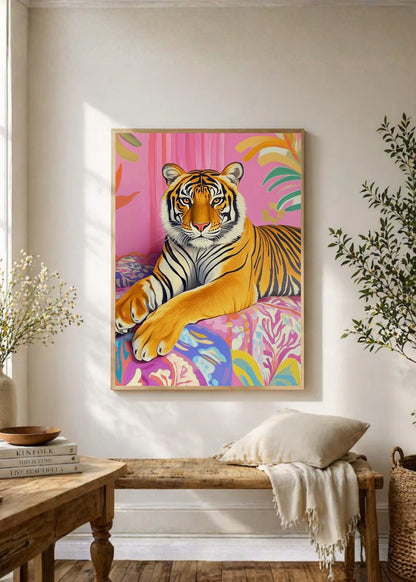 Cuadro Decorativo Trendy, Tigre Rosa Hojas Tropical