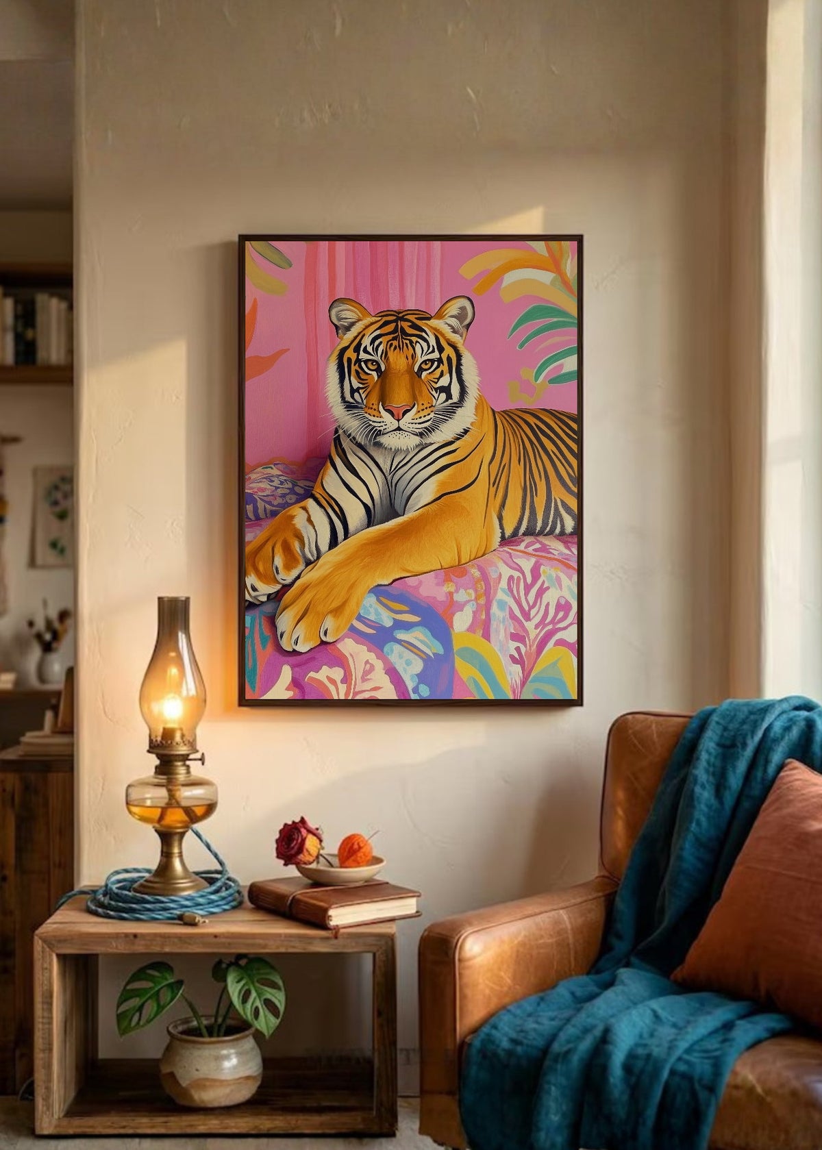 Cuadro Decorativo Trendy, Tigre Rosa Hojas Tropical