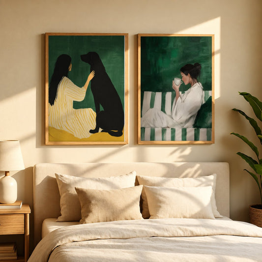 Set x2 Cuadros Abstractos, Ilustraciones Modernas Mujer Perro Verde Esmeralda