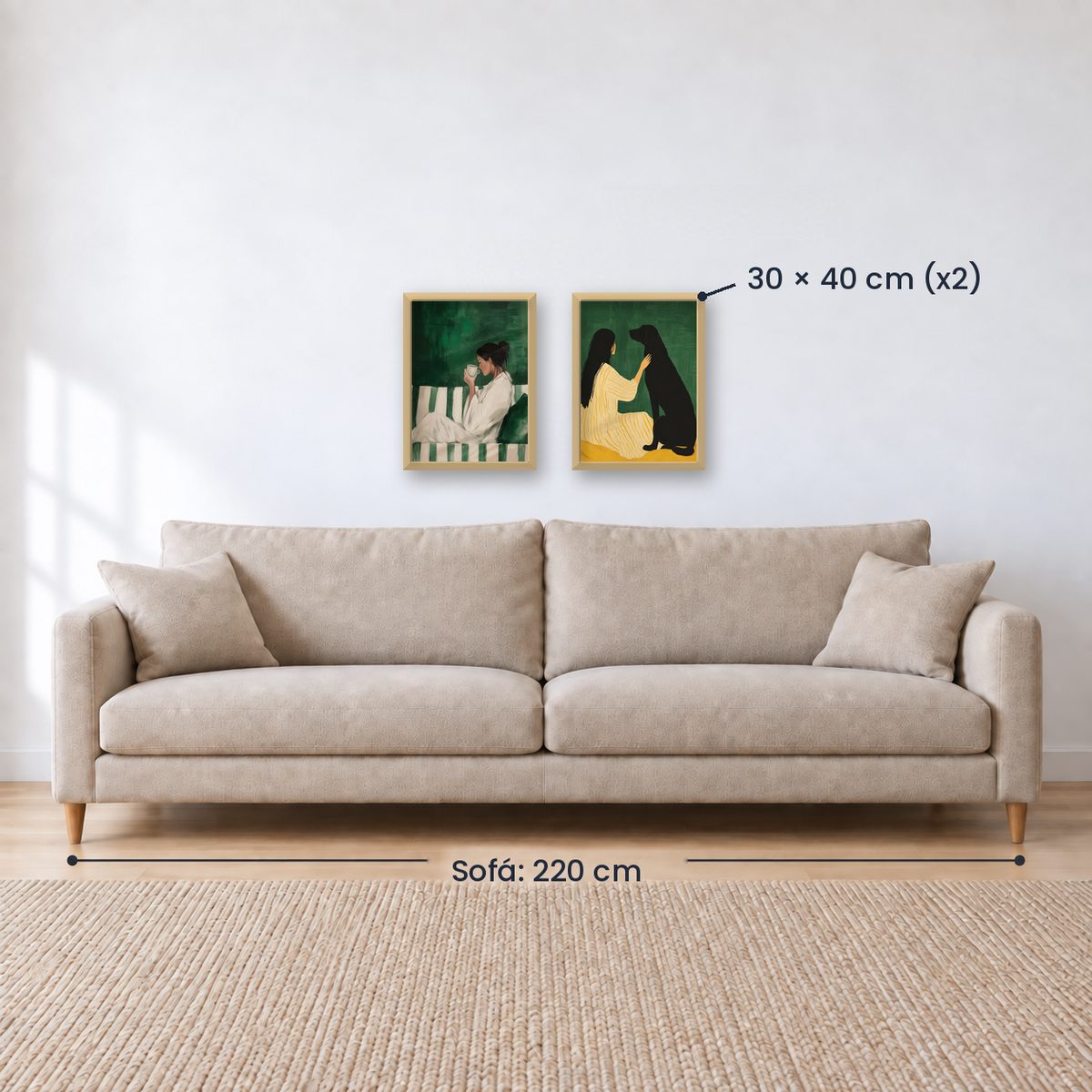 Set x2 Cuadros Abstractos, Ilustraciones Modernas Mujer Perro Verde Esmeralda