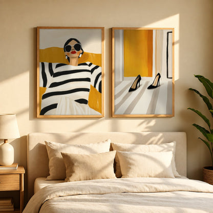 Set x2 Cuadros Abstractos, Ilustraciones Modernas Mujer Tacones Amarillo
