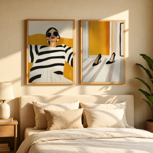 Set x2 Cuadros Abstractos, Ilustraciones Modernas Mujer Tacones Amarillo