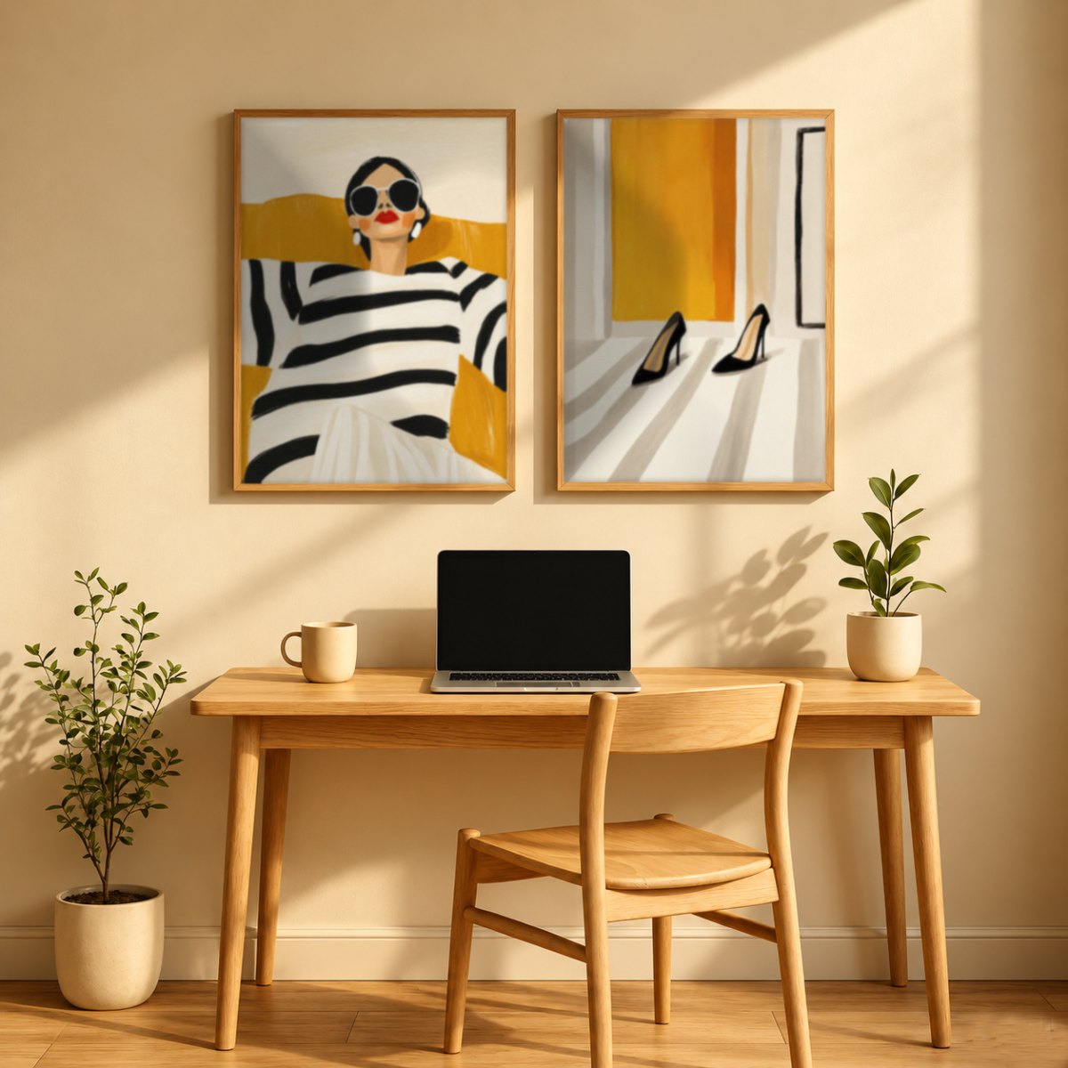 Set x2 Cuadros Abstractos, Ilustraciones Modernas Mujer Tacones Amarillo