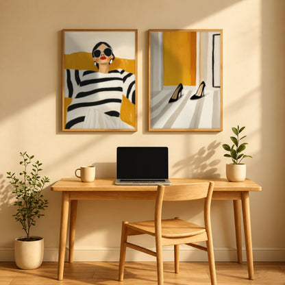 Set x2 Cuadros Abstractos, Ilustraciones Modernas Mujer Tacones Amarillo
