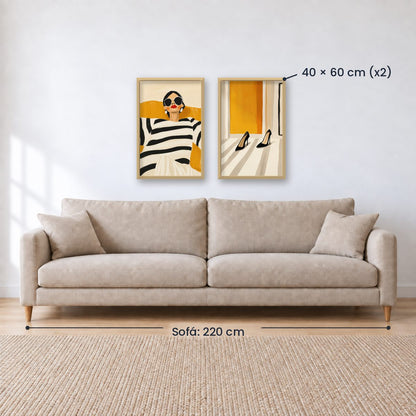 Set x2 Cuadros Abstractos, Ilustraciones Modernas Mujer Tacones Amarillo