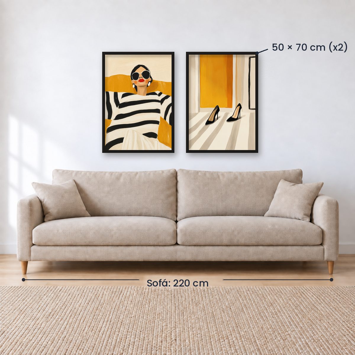 Set x2 Cuadros Abstractos, Ilustraciones Modernas Mujer Tacones Amarillo