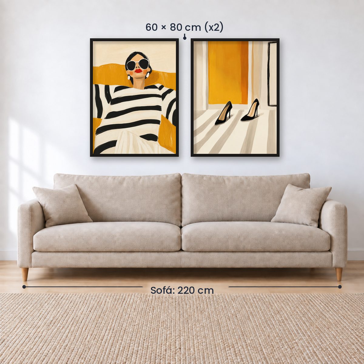 Set x2 Cuadros Abstractos, Ilustraciones Modernas Mujer Tacones Amarillo