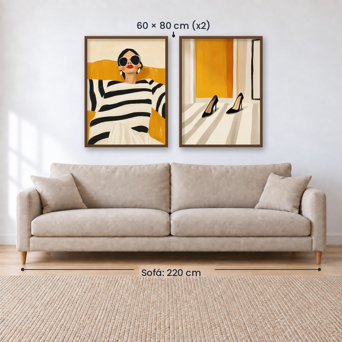 Set x2 Cuadros Abstractos, Ilustraciones Modernas Mujer Tacones Amarillo