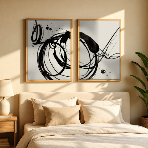 Set x2 Cuadros Decorativos, Arte Abstracto, Black, fondo beige