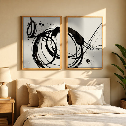Set x2 Cuadros Decorativos, Arte Abstracto, Black, fondo beige