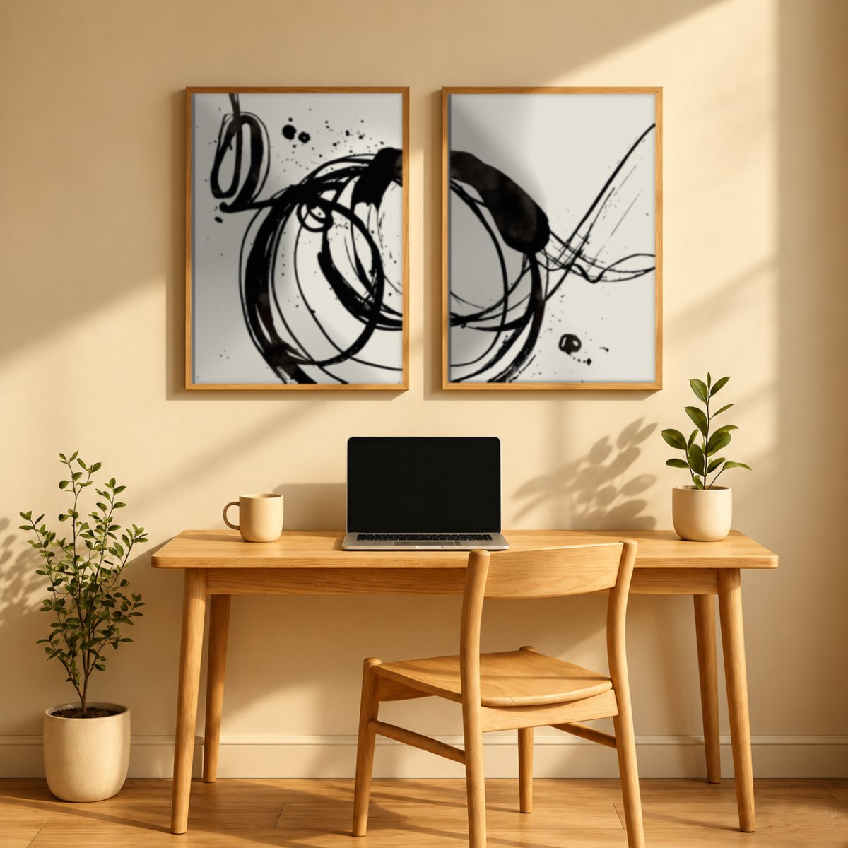 Set x2 Cuadros Decorativos, Arte Abstracto, Black, fondo beige