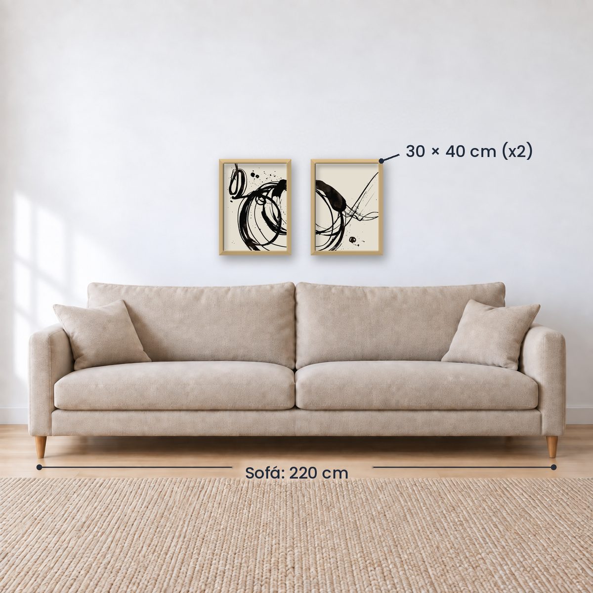 Set x2 Cuadros Decorativos, Arte Abstracto, Black, fondo beige