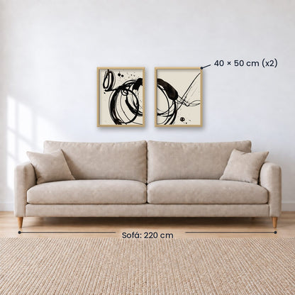 Set x2 Cuadros Decorativos, Arte Abstracto, Black, fondo beige