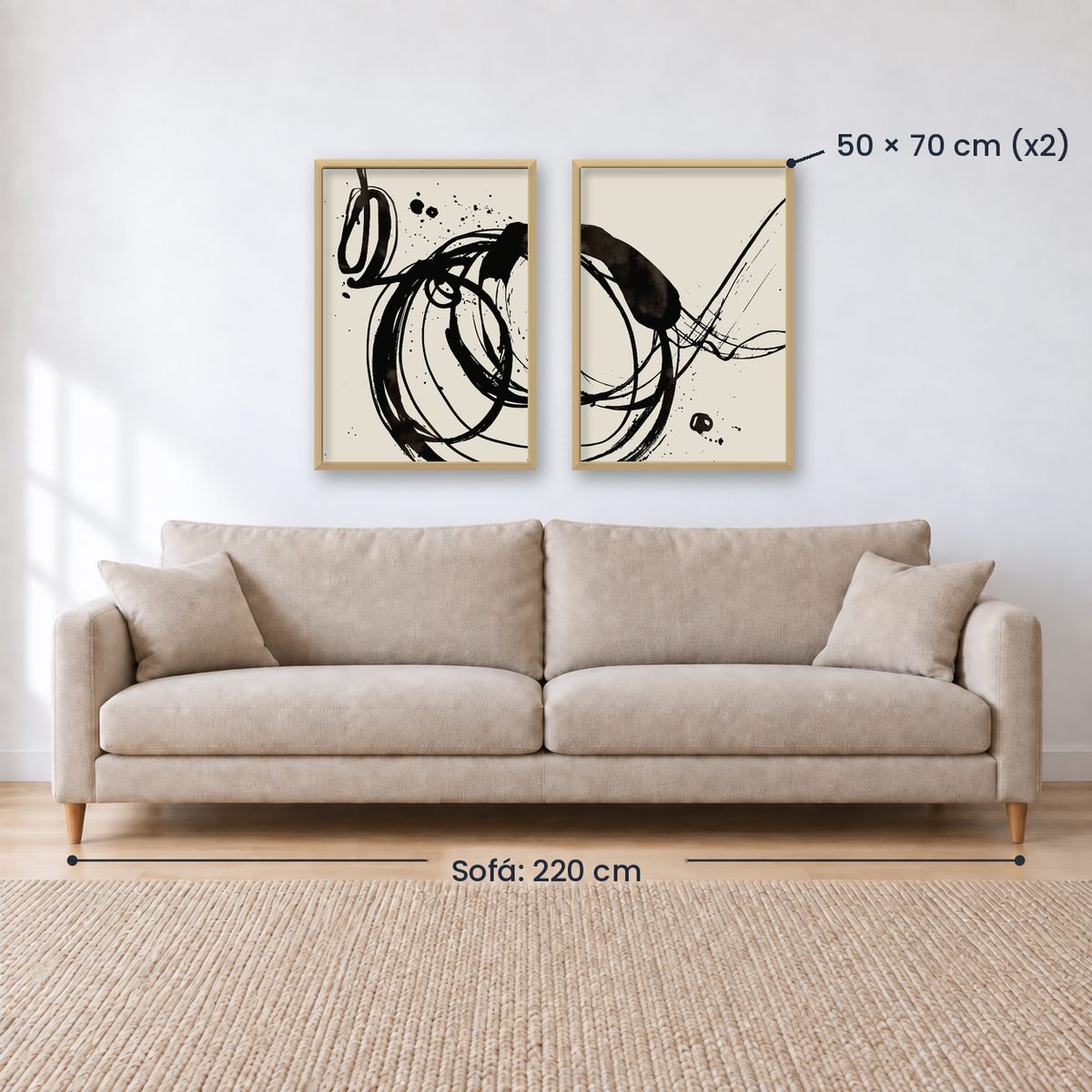 Set x2 Cuadros Decorativos, Arte Abstracto, Black, fondo beige