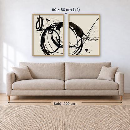 Set x2 Cuadros Decorativos, Arte Abstracto, Black, fondo beige