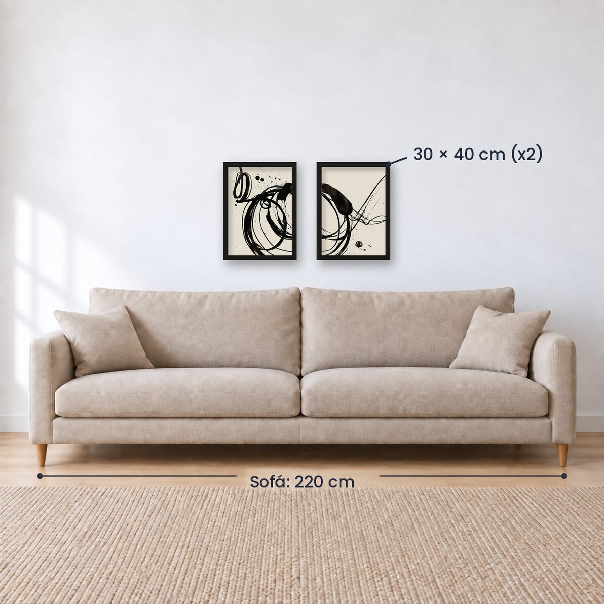 Set x2 Cuadros Decorativos, Arte Abstracto, Black, fondo beige