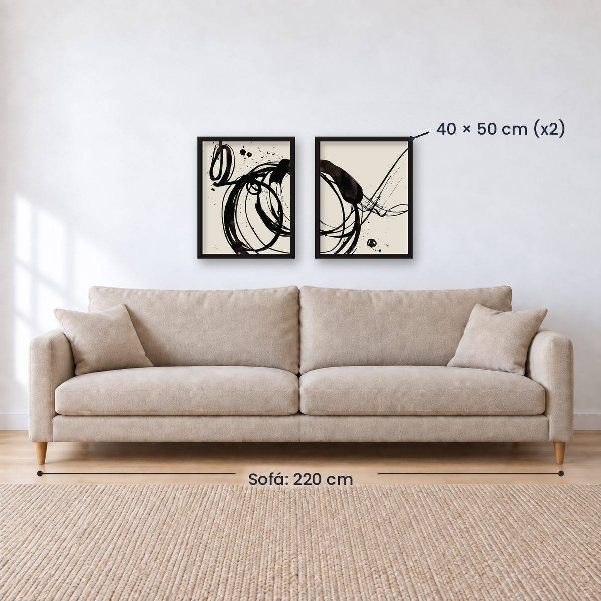 Set x2 Cuadros Decorativos, Arte Abstracto, Black, fondo beige