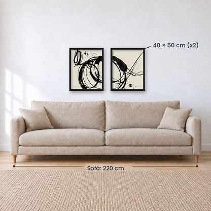 Set x2 Cuadros Decorativos, Arte Abstracto, Black, fondo beige