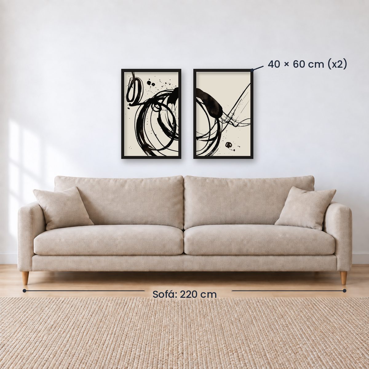 Set x2 Cuadros Decorativos, Arte Abstracto, Black, fondo beige