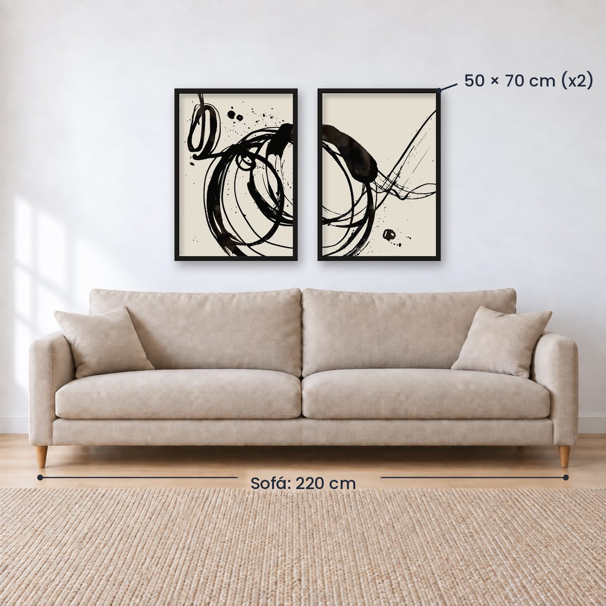 Set x2 Cuadros Decorativos, Arte Abstracto, Black, fondo beige