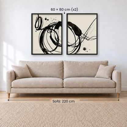 Set x2 Cuadros Decorativos, Arte Abstracto, Black, fondo beige