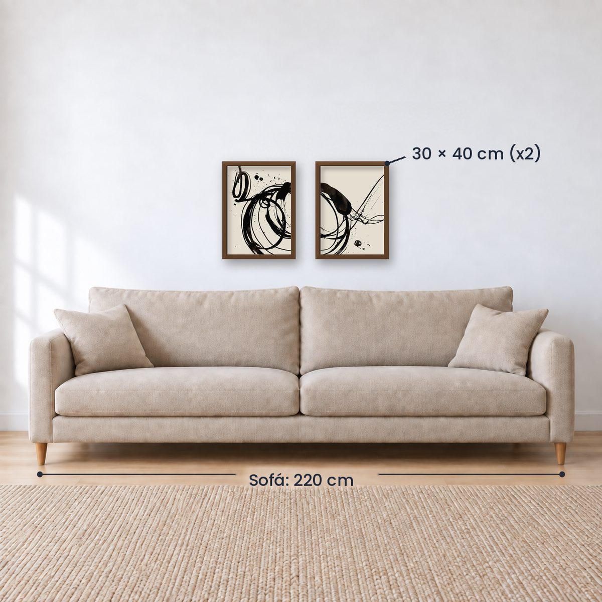 Set x2 Cuadros Decorativos, Arte Abstracto, Black, fondo beige