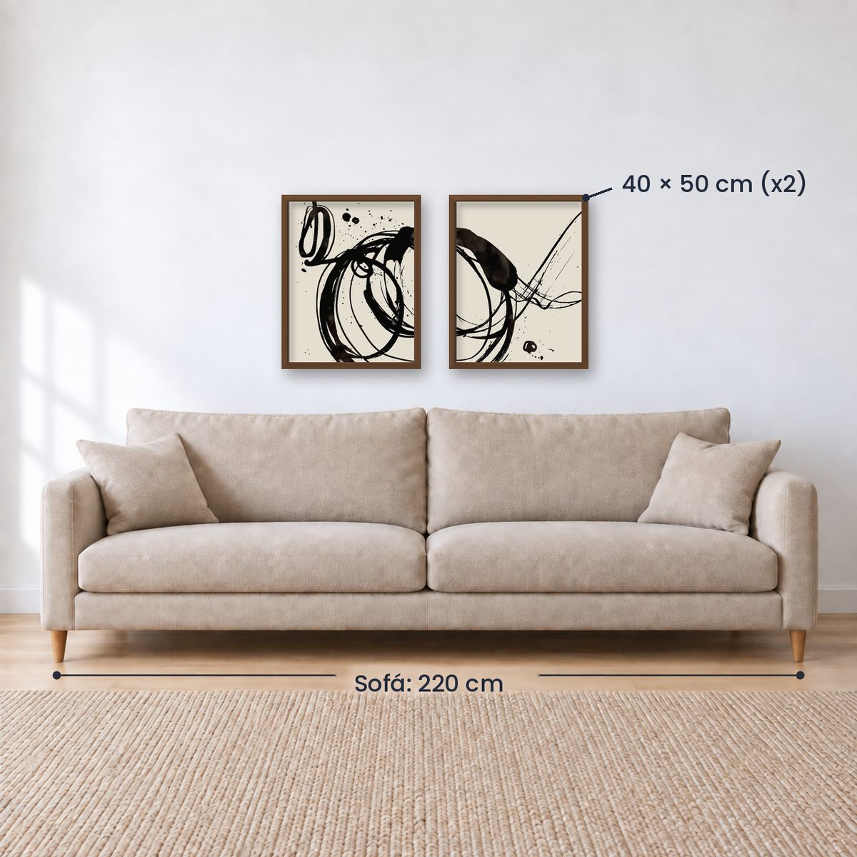 Set x2 Cuadros Decorativos, Arte Abstracto, Black, fondo beige