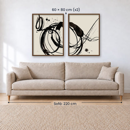 Set x2 Cuadros Decorativos, Arte Abstracto, Black, fondo beige