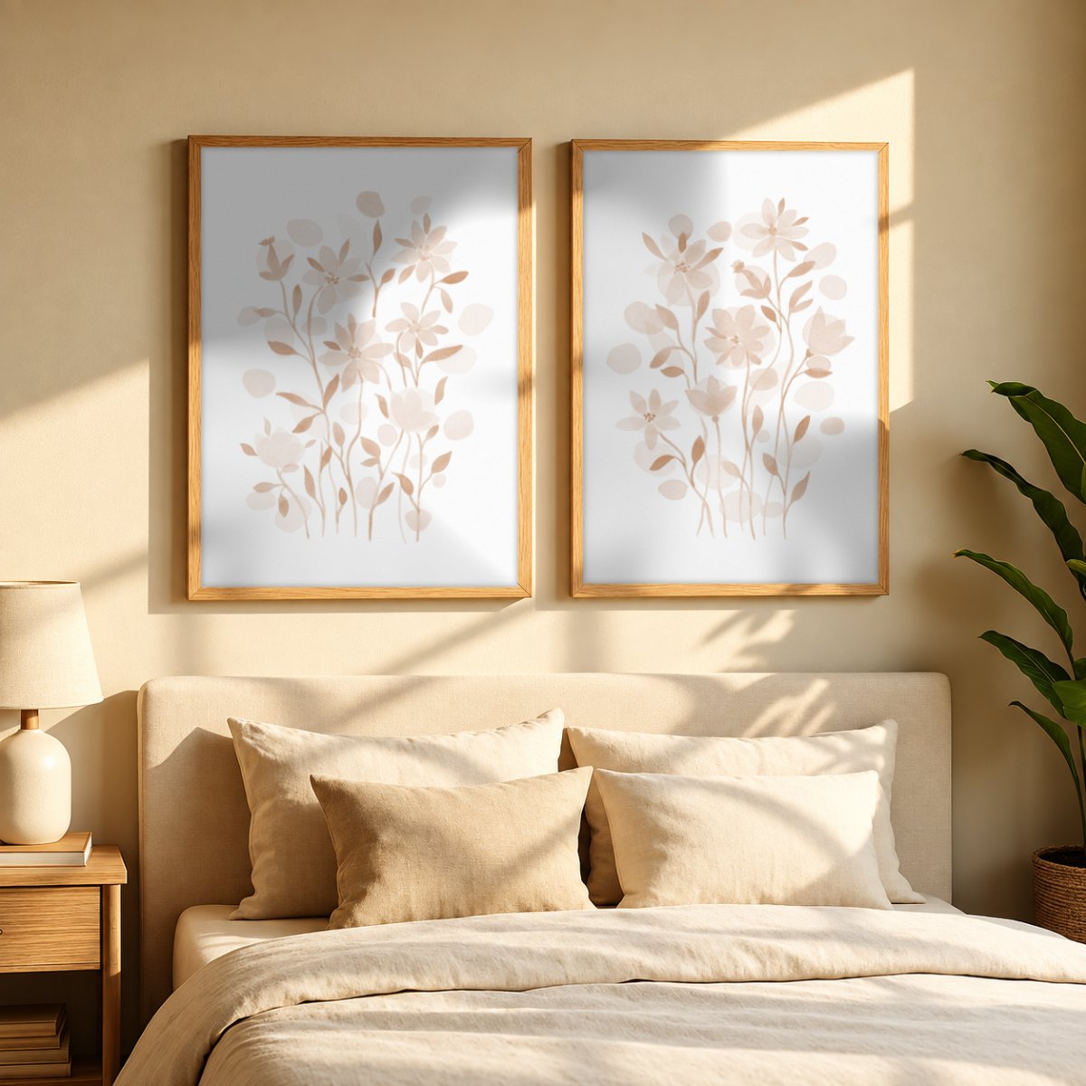 Set x2 Cuadros Diseños Botánico Flores Beige