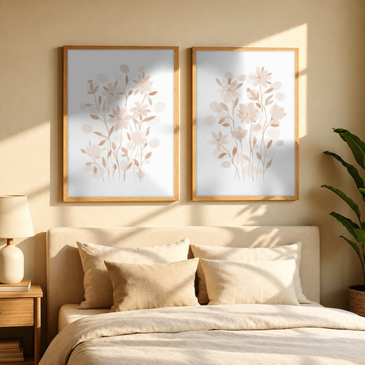 Set x2 Cuadros Diseños Botánico Flores Beige