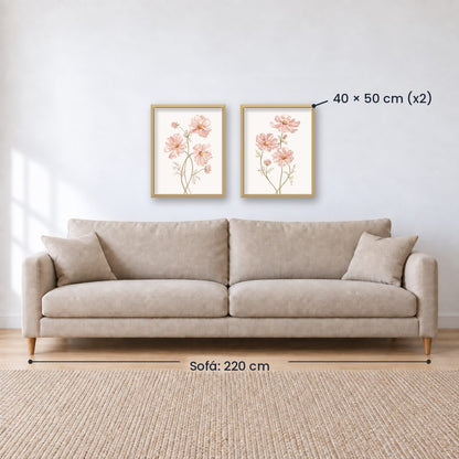Set x2 Cuadros Diseños Botánico Flores Rosa