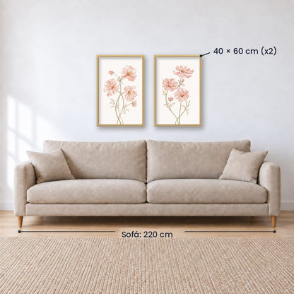 Set x2 Cuadros Diseños Botánico Flores Rosa