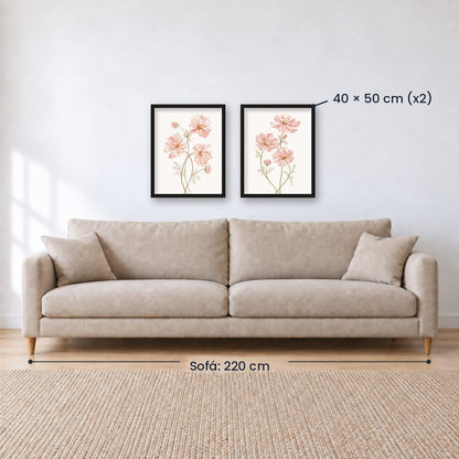 Set x2 Cuadros Diseños Botánico Flores Rosa