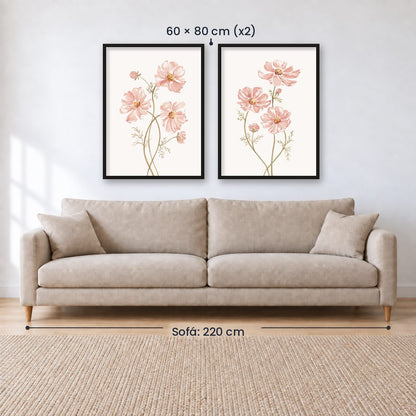 Set x2 Cuadros Diseños Botánico Flores Rosa