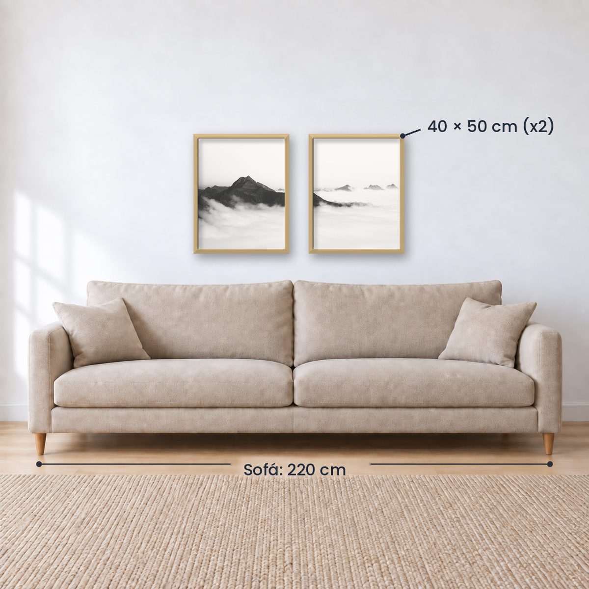 Set x2 Cuadros Decorativos Montañas, Blanco y Negro