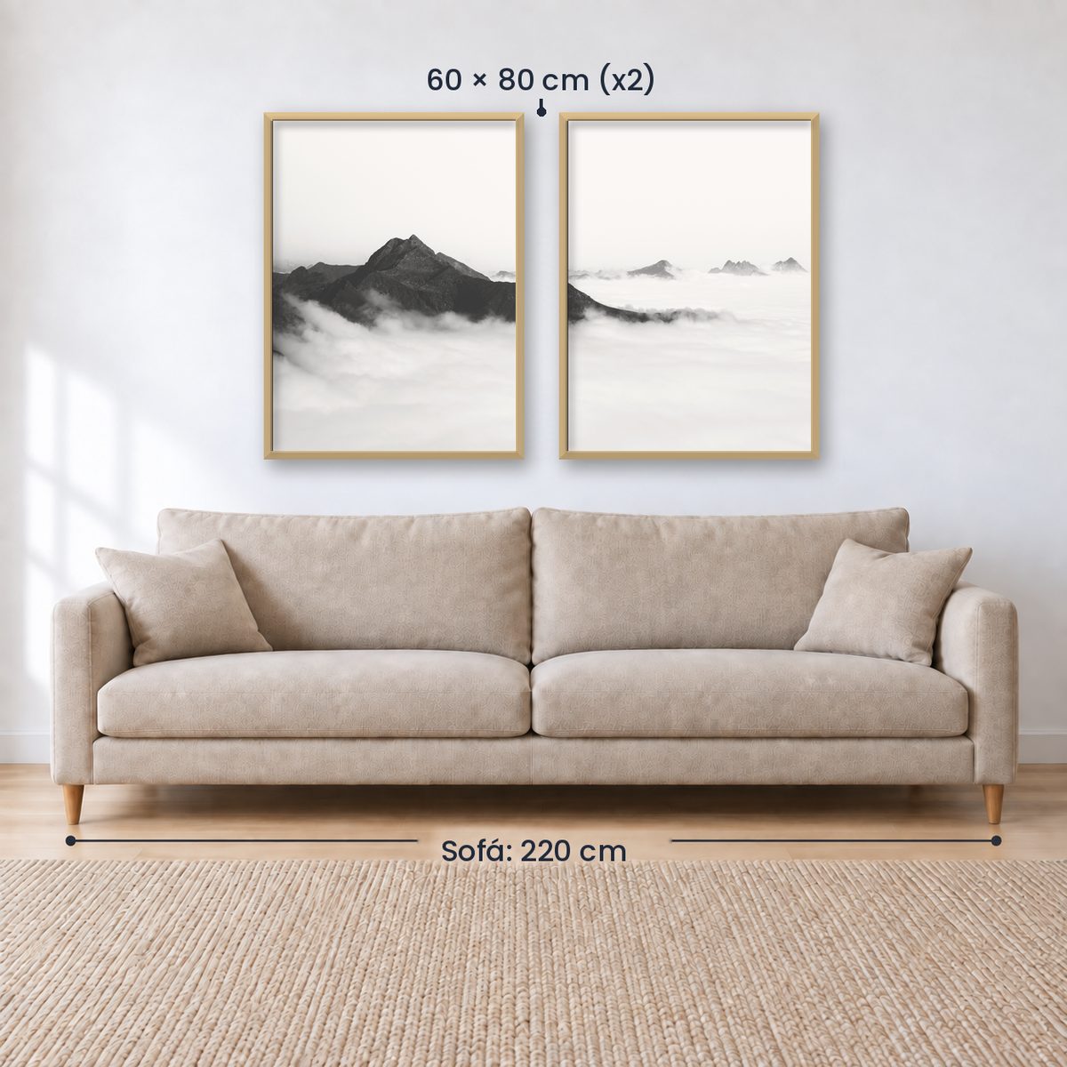 Set x2 Cuadros Decorativos Montañas, Blanco y Negro