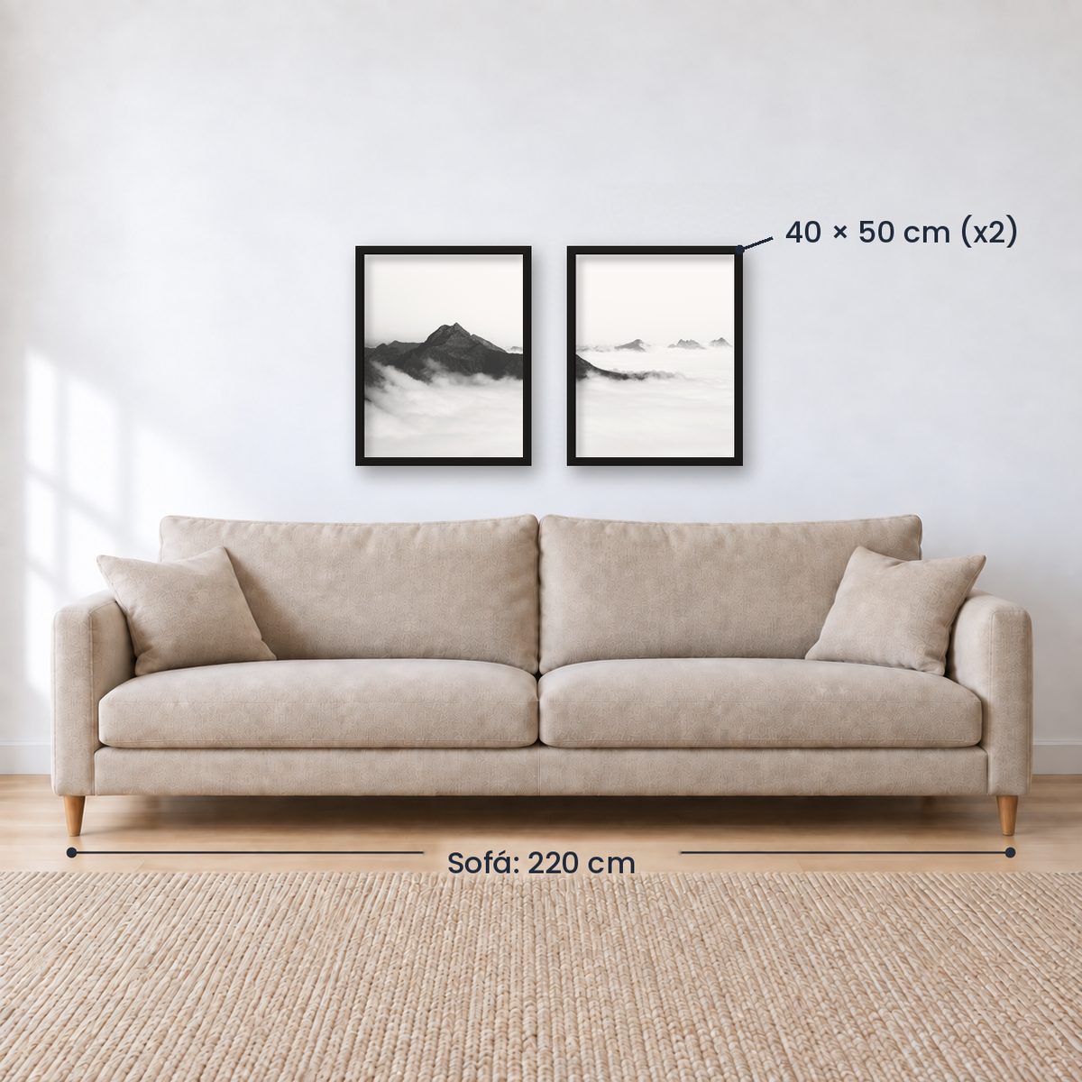 Set x2 Cuadros Decorativos Montañas, Blanco y Negro