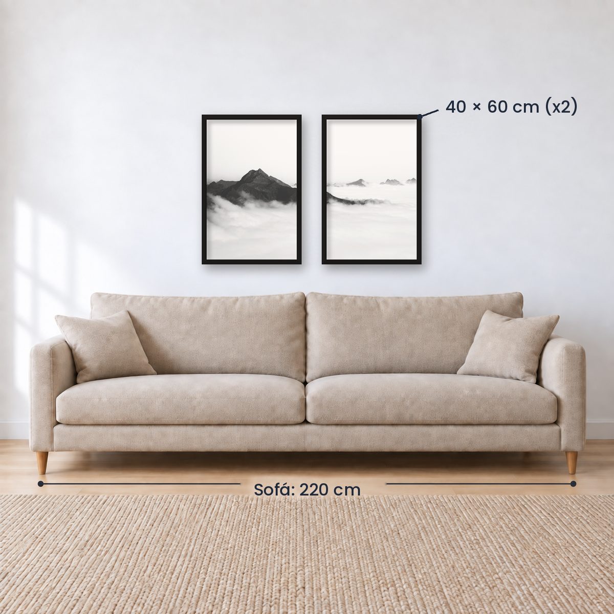 Set x2 Cuadros Decorativos Montañas, Blanco y Negro