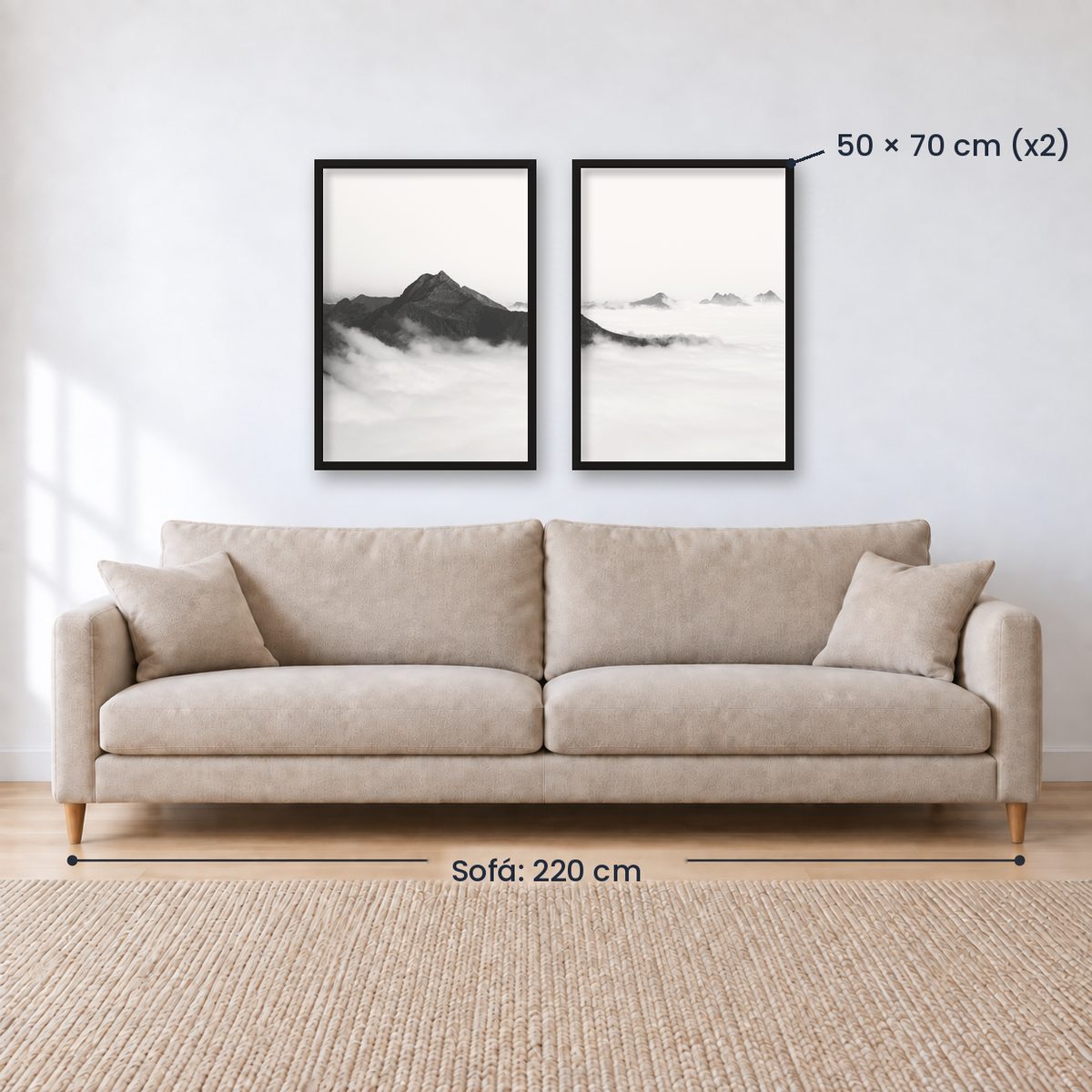 Set x2 Cuadros Decorativos Montañas, Blanco y Negro