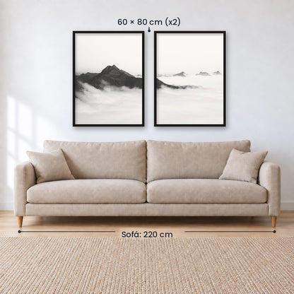 Set x2 Cuadros Decorativos Montañas, Blanco y Negro