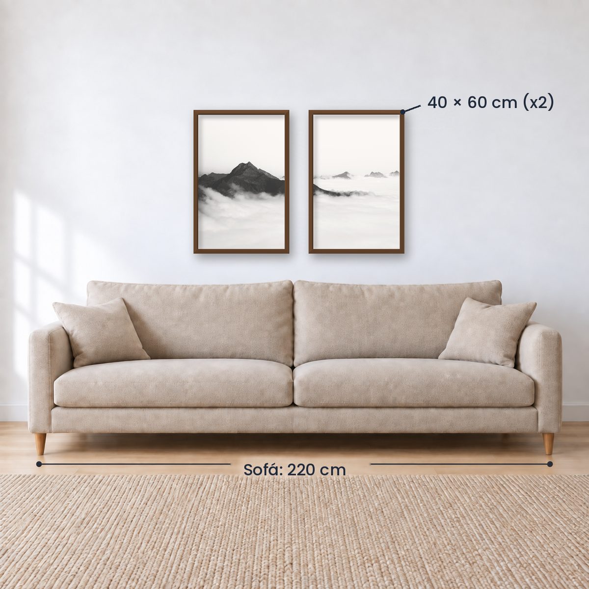 Set x2 Cuadros Decorativos Montañas, Blanco y Negro