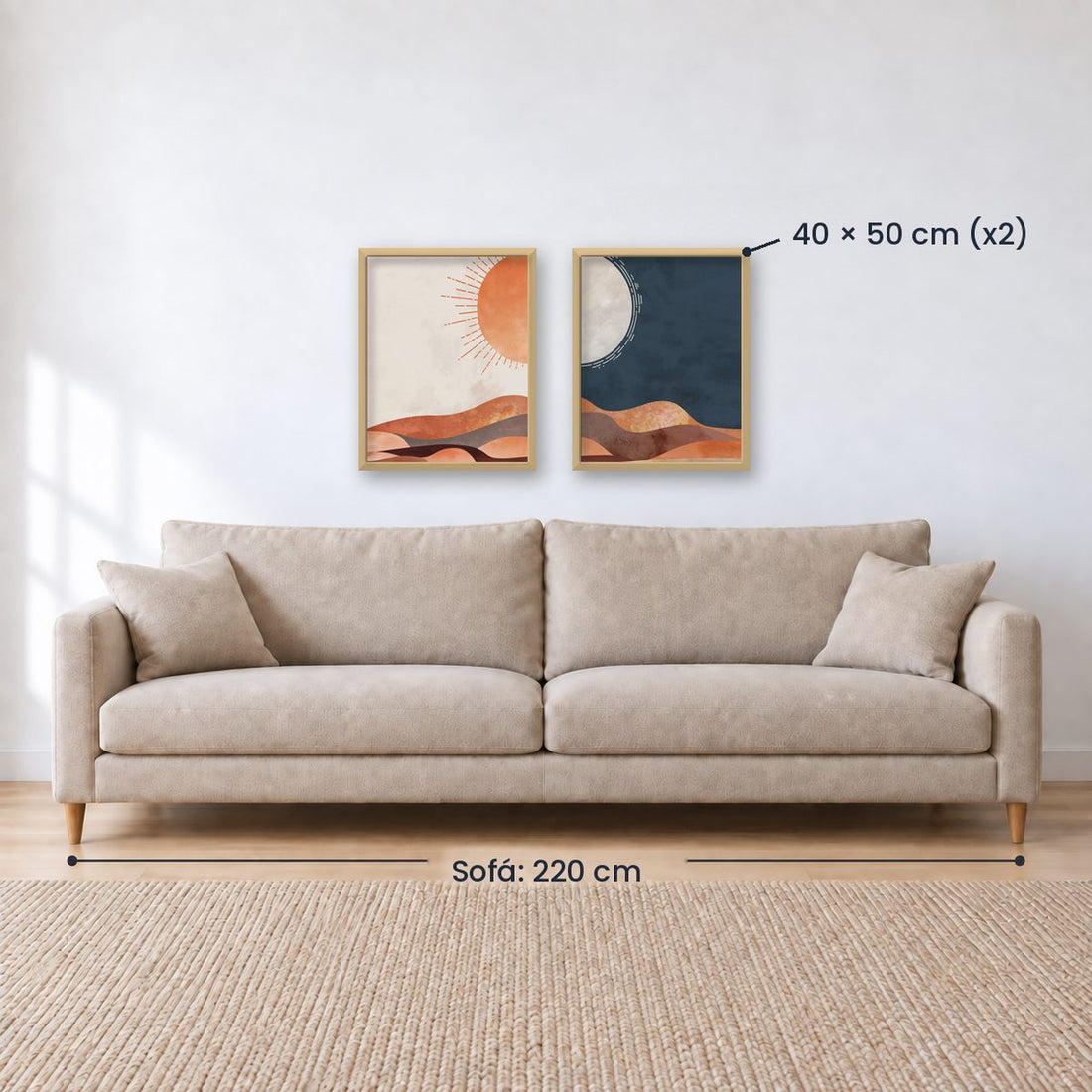 Set de cuadros en la pared sobre un sillón, con la medida
