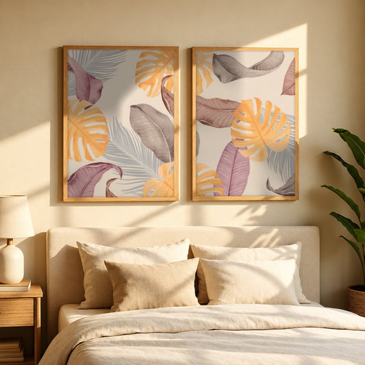 Set x 2 Cuadros abstractos, dorado, boho, monstera, plantas